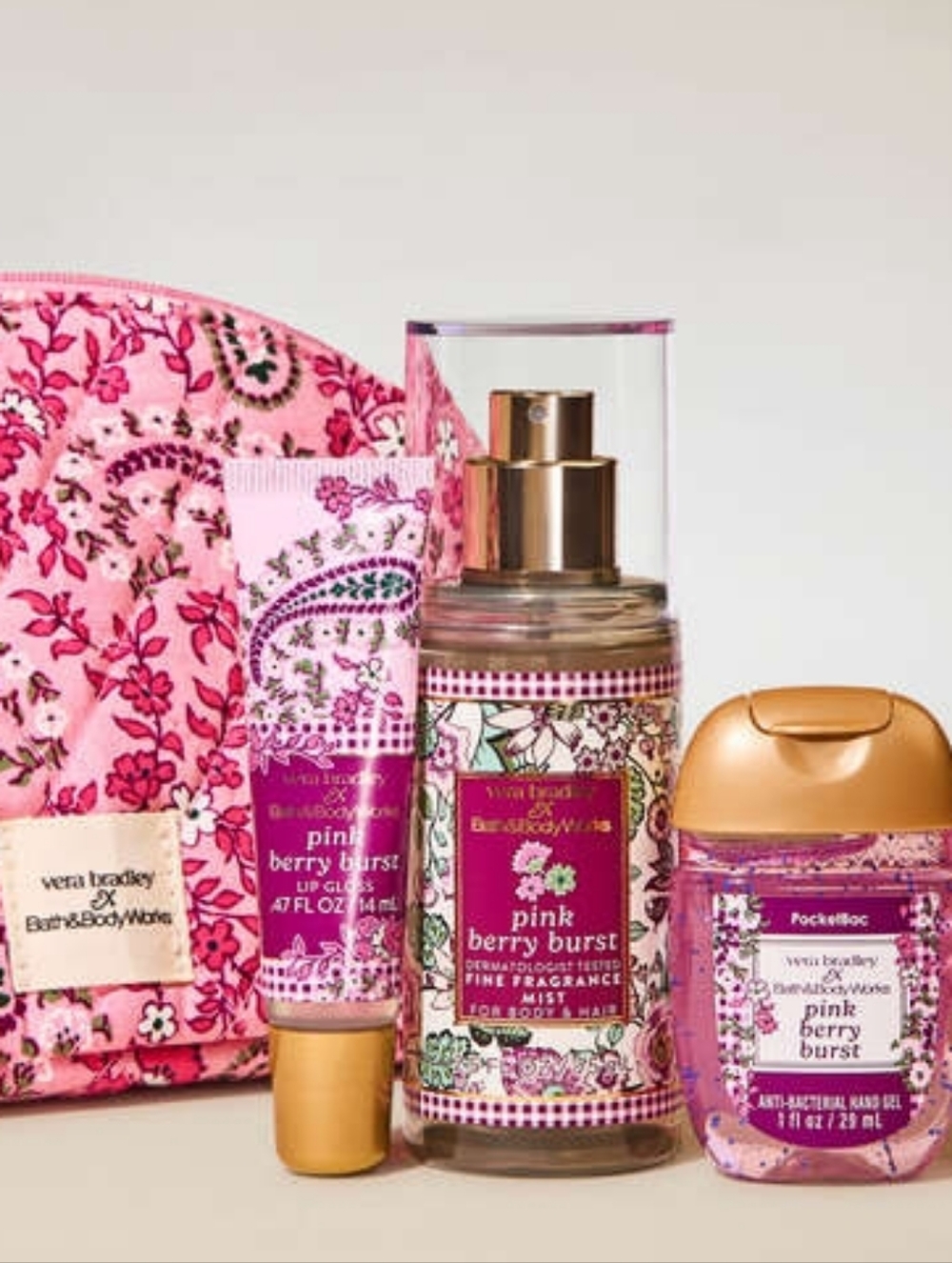 Vera Bradley Pink Berry Burst Gift Set with Floral Pouch & Pocketbac